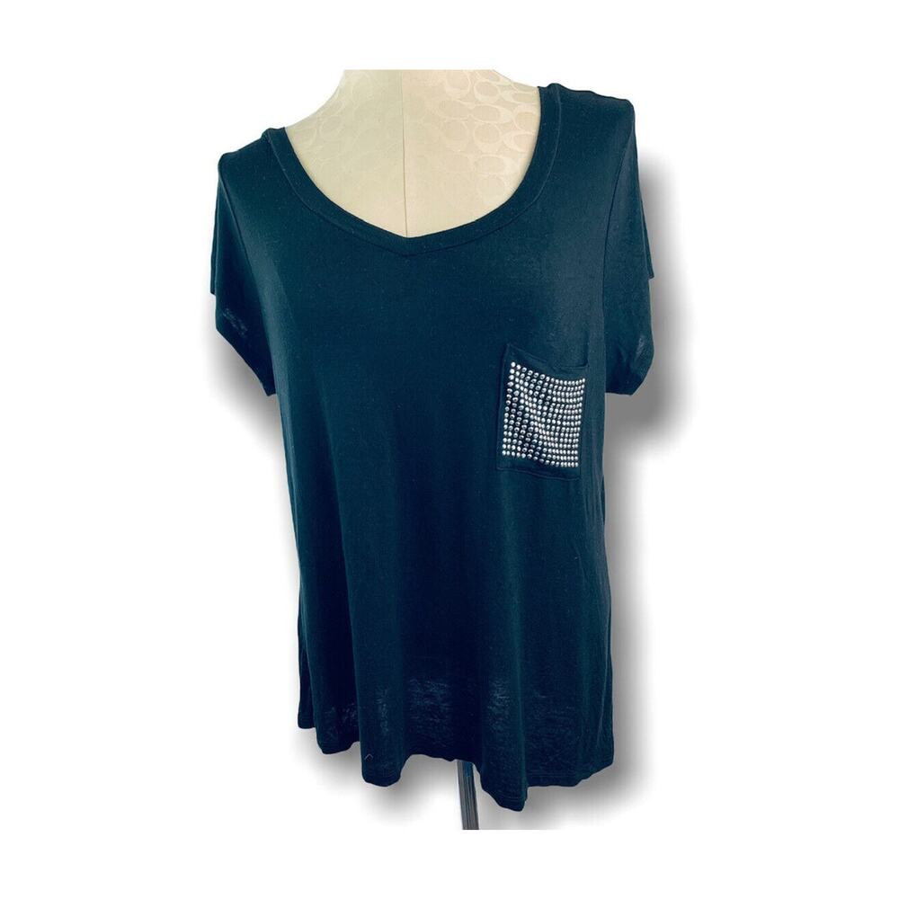 XL Ocasion Short Sleeve Junior Women's Sheer Embellished Pocket Tshirt V-Neck
